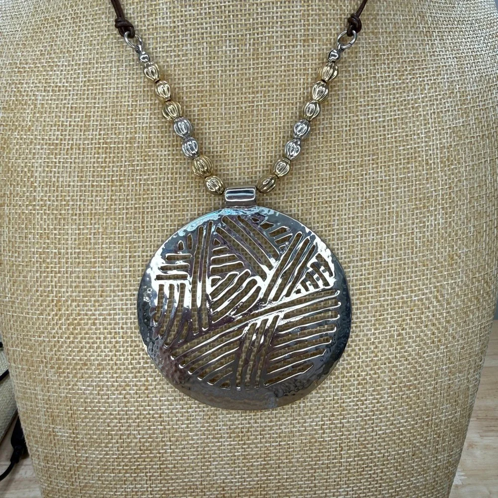 Boho Tribal Geometric‎ Statement Chico's Mixed Metal Cord Pendant Necklace